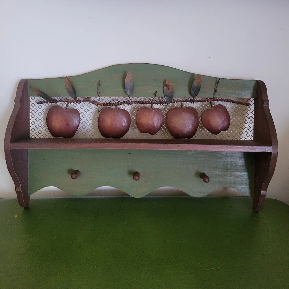Rustic Wood & Metal Apple Wall Hook Shelf Rack - Green Burgundy Brown